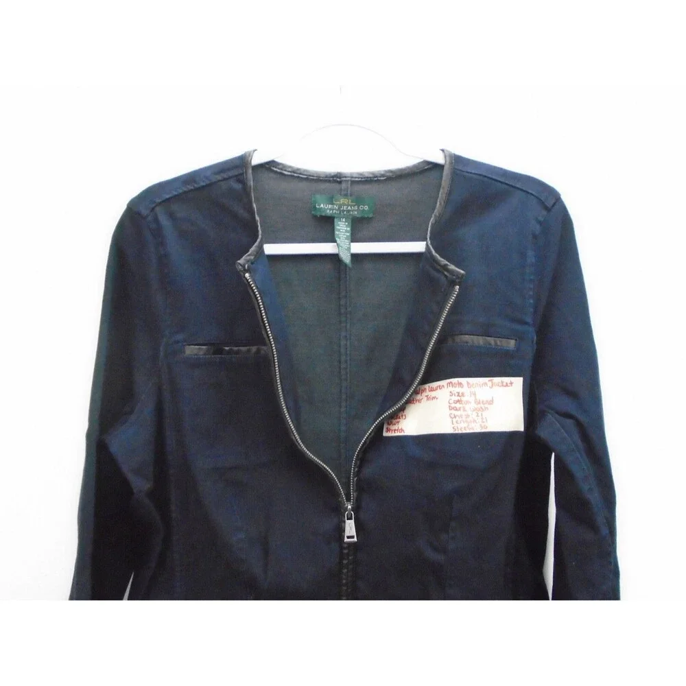 Ralph Lauren Womens Denim Biker MOTO Jacket Size 14 Dark Wash Faux Leather Trim - Picture 3 of 10